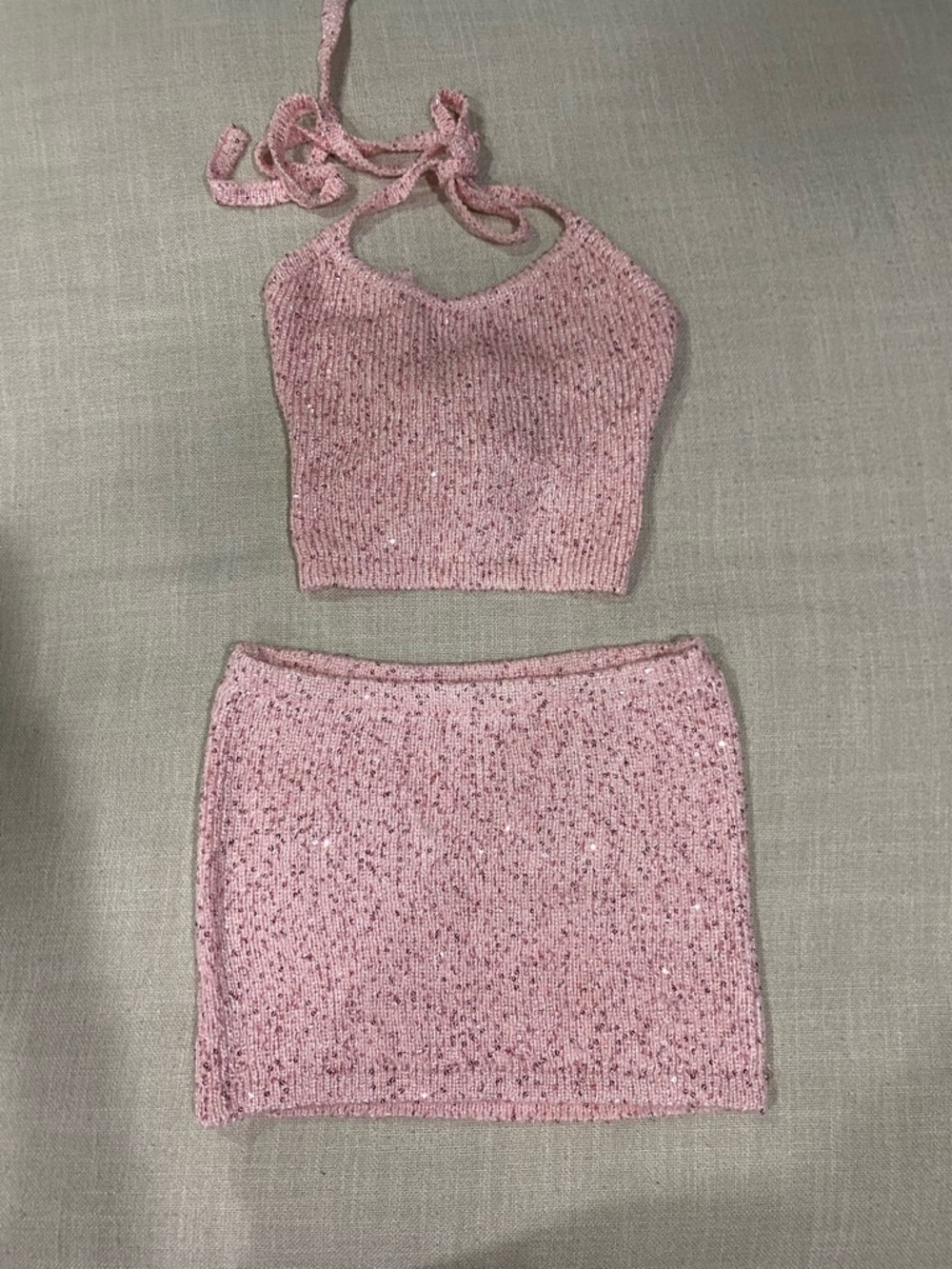 Edikted Pink Sparkle Knit Halter & Skirt Set